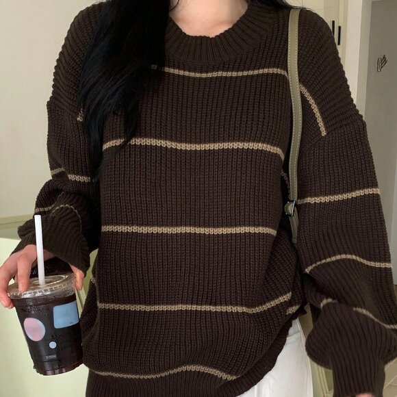 Multicolor Casual Women's Striped Loose Fit Crew Neck Sweater - Picture 8 of 9